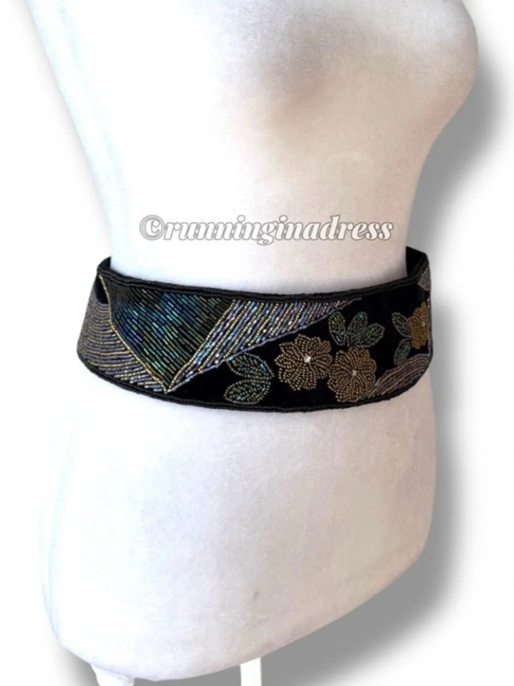 Vintage 80s Art Deco Beaded Velvet Cummerbund Belt Iridescent Floral Black S